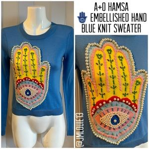 🎀SOLD🎀Alice + Olivia Hamsa Embellished Hand Blue Knit Sweater